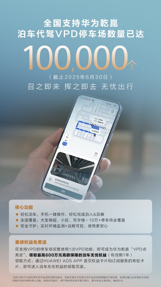 全国 10 万 + 停车场支持华为乾崑 泊车代驾VPD ，开启出行新体验